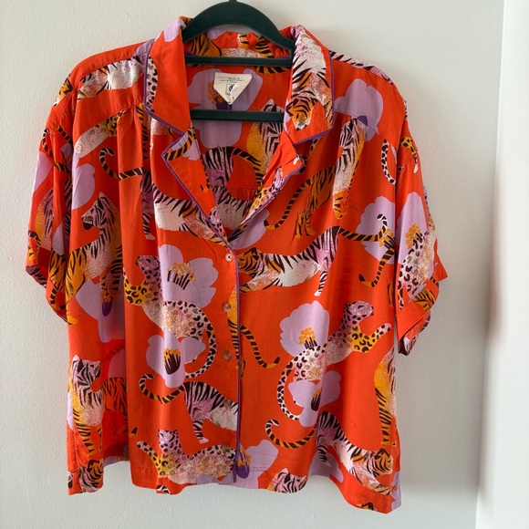 Anthropologie Claire Colin Dreamer Pajama Tiger Flower Print TOP Size L NWOT - Picture 5 of 12